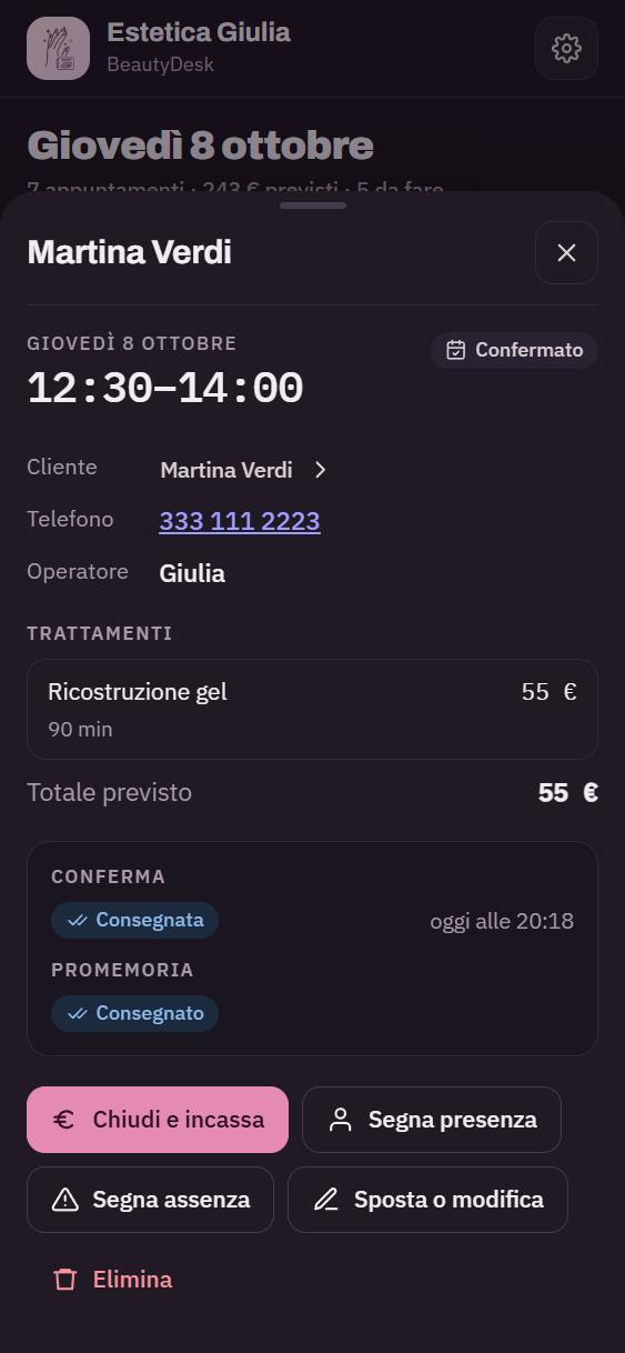 BeautyDesk: conferma e promemoria consegnati alla cliente