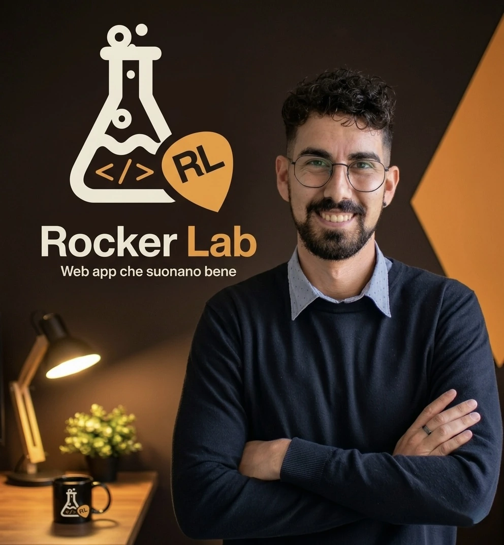 Simone, fondatore di RockerLab, davanti al logo RockerLab